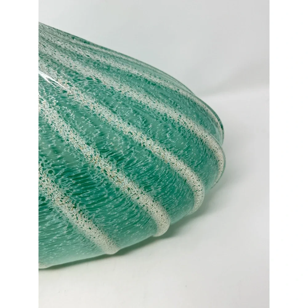 Art Glass Ribbed Urchin Vase 17x11 Teal Green Gold Fleck Coastal MCM Decor